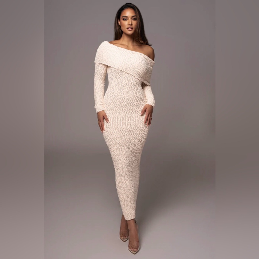 JLUXLABEL Off-Shoulder Cream Textured Maxi Dress